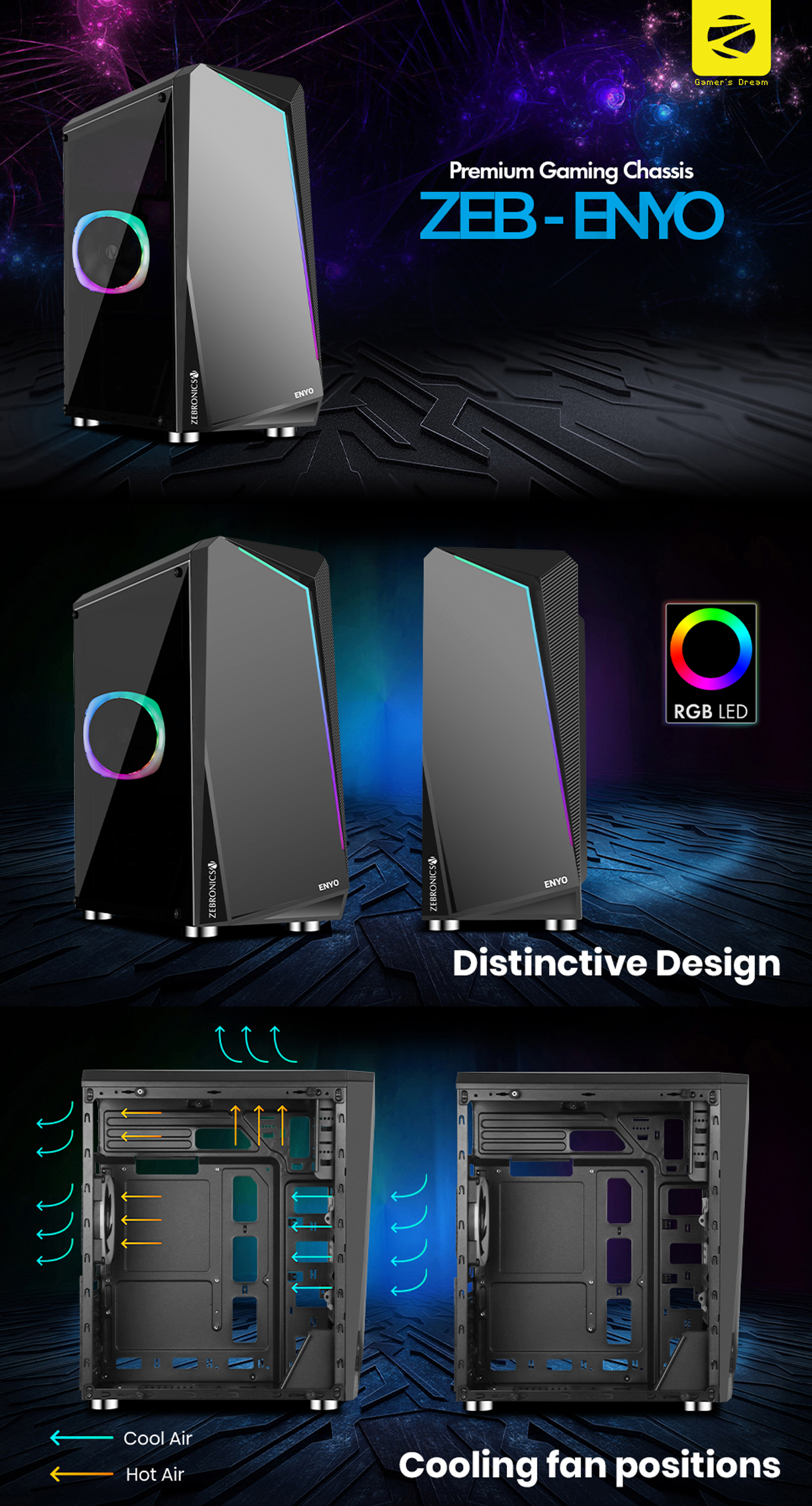 Buy Zebronics Zeb-Enyo Premium Gaming Cabinet or Chassis Comes with Tempered Glass Side Panel,LED Strip On Front, Top Magnetic Dust Filter & 120mm Rear RGB Fan
